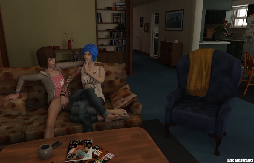 3d 3girls barefoot blender blue_nails bottomless bottomless_female chloe_price couch escapistmatt finger_fuck fingering fingernails hoodie jeans joyce_price lesbian life_is_strange living_room max_caulfield multiple_girls nail_polish pants pants_around_one_leg pants_down short_hair shushing stealth_sex tank_top toenail_polish toenails yuri