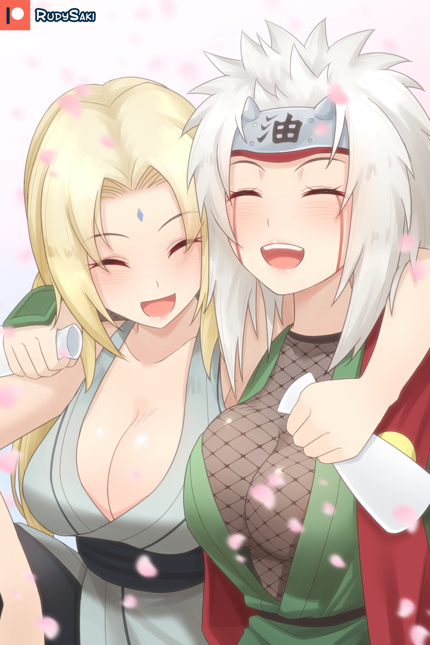 2girls arm_around_neck blonde_hair busty cherry_blossoms cleavage drunk female female_only genderswap_(mtf) haori happy happy_female implied_yuri japanese_clothes jiraiya kimono mature mature_female multiple_girls naruto naruto_(classic) naruto_(series) naruto_shippuden no_bra open_mouth petals rudy_saki rule_63 sake sake_bottle smile smiling top_heavy tsunade upper_body voluptuous white_hair yuri