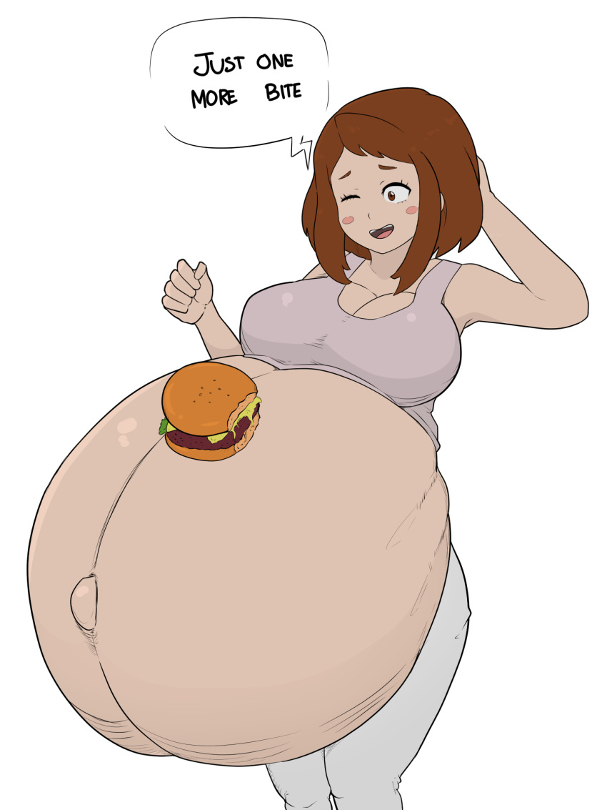 1girls belly big_belly big_breasts breasts brown_hair female food huge_belly hyper large_breasts my_hero_academia ochako_uraraka zeruxu