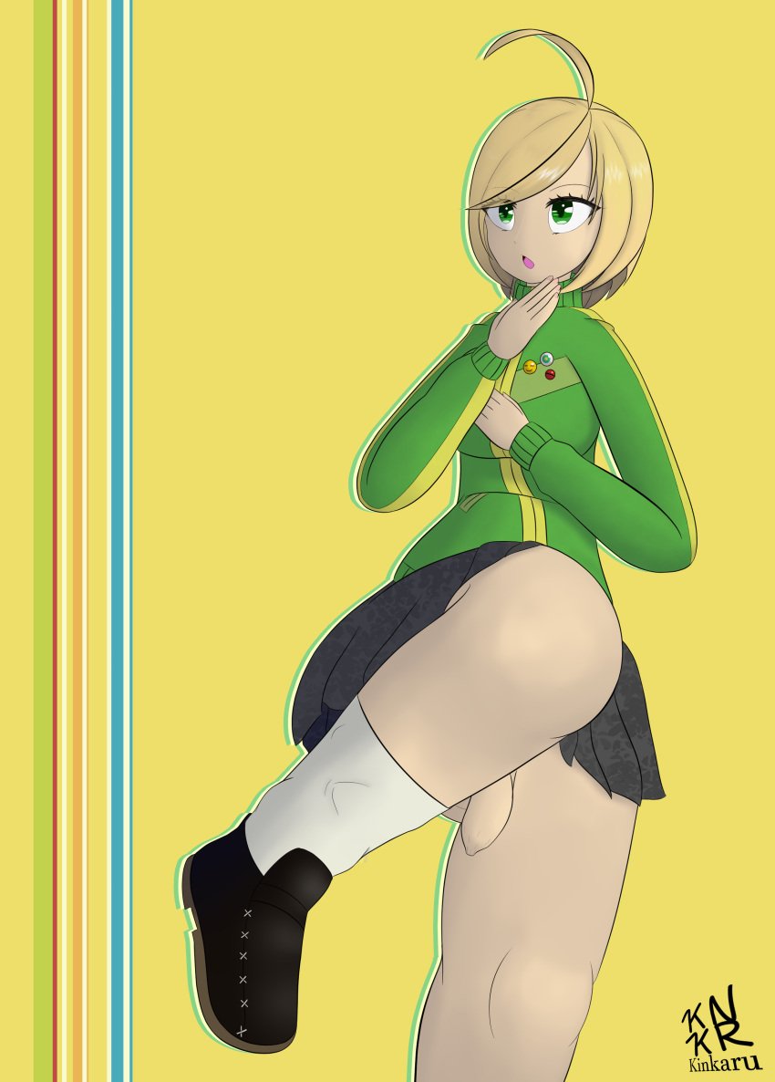 1futa ahoge ashley_helianthea balls balls_under_clothes blonde_hair bottomless_skirt clothed clothing cosplay dickgirl flaccid futa_only futanari green_eyes human intersex kinkaru light-skinned_futanari light_skin mostly_clothed original penis penis_out penis_under_clothes penis_under_skirt persona persona_4 satonaka_chie_(cosplay) self_upload short_hair skirt solo standing