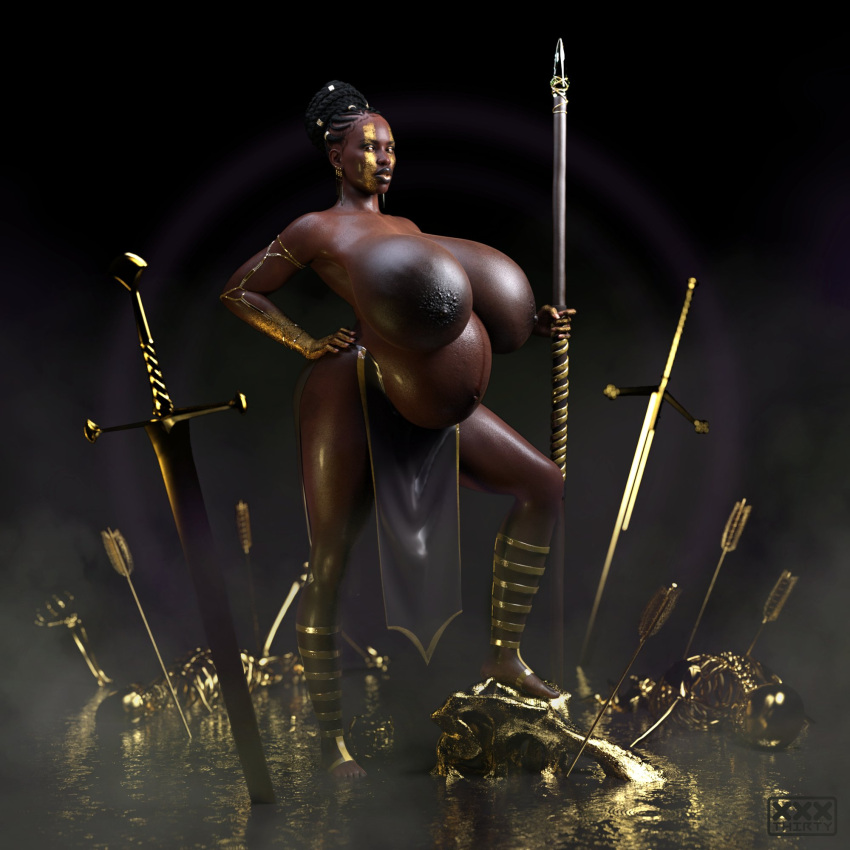 1girls 3d african african_female areolae belly big_belly big_breasts breasts dark-skinned_female dark_skin face_paint female huge_breasts large_areolae nipples pregnant spear sword thirty weapons