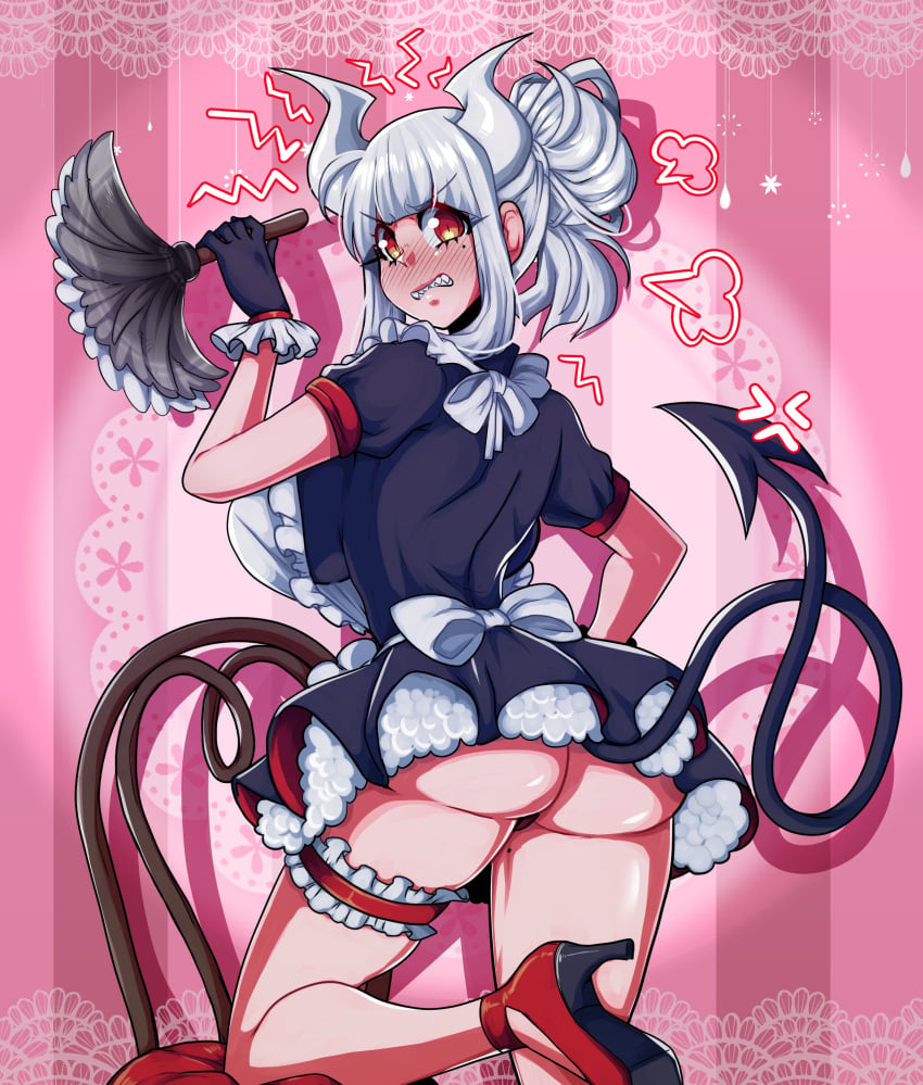 1girls 2020 ass back_view bent_knee biting_lip blush chair demon demon_girl demon_horns demon_tail duster embarrassed female female_only gloves heavy_blush heels helltaker horns legband long_hair looking_at_viewer looking_back lucifer_(helltaker) maid maid_uniform mole mole_under_eye pridekun red_eyes sharp_teeth solo solo_female tail tied_hair underass very_high_resolution white_hair