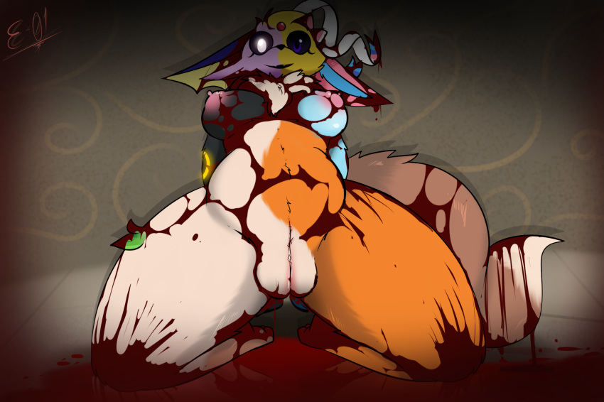 abominaceon all_nine_eeveelutions anthro areola black_body black_nose black_sclera blacky_(pokemon) blood blue_body bodily_fluids body_horror booster_(pokemon) breasts brown_body brown_fur canid canine digital_media_(artwork) e-01 eevee eeveelution eievui eifie_(pokemon) espeon female flareon fur fusion genitals glaceon glacia_(evolution) glowing glowing_eyes gore hair hi_res hybrid jolteon leafeon leafia looking_at_viewer mammal nightmare_fuel nintendo nipples nude nymphia open_mouth orange_body pink_body pokemon pokemon_(species) purple_eyes pussy ribbons showers_(pokemon) simple_background smile solo sylveon teeth thunders umbreon vaporeon video_games what white_body white_fur yellow_body yellow_fur