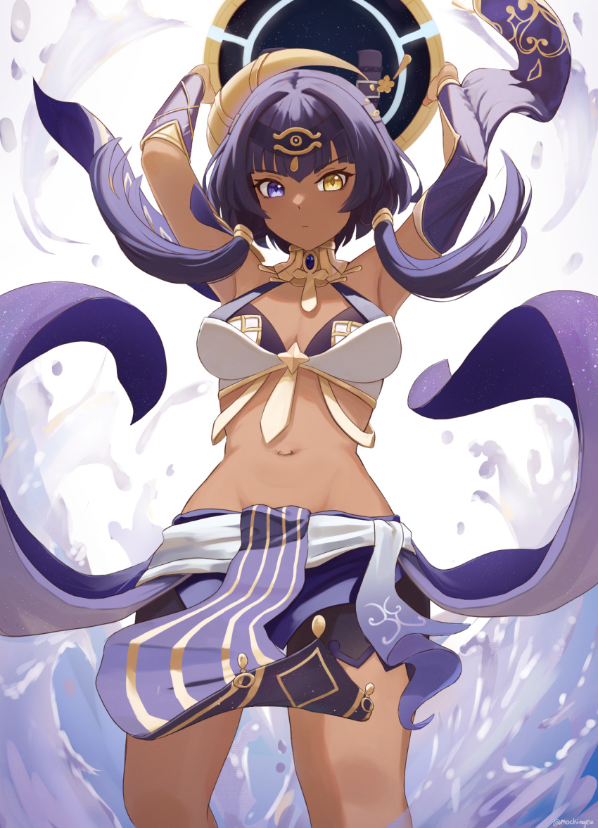 blue_eyes candace_(genshin_impact) dark-skinned_female egyptian genshin_impact gold_eyes heterochromia midriff mockingeu partially_clothed purple_hair revealing_clothes thighs twintails