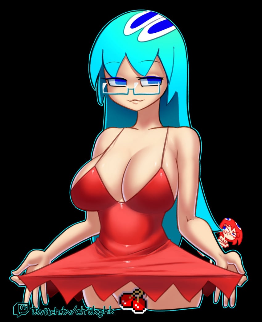 2022 2girls 4_eyes :3 absurd_res bad_id bad_twitter_id bare_arms bare_shoulders black_background blinky_(pac-man) blue_eyes blue_hair breasts cherry chibi cleavage cosplay covering covering_breasts dress dress_lift eyebrows_visible_through_hair female female_only glasses half-closed_eyes highres inky_(pac-man) large_breasts lifted_by_self long_hair looking_at_another minus8 multiple_girls no_panties nude pac-man_(series) red_dress red_hair seductive semi-rimless_eyewear short_hair simple_background sleeveless sleeveless_dress smile solo_focus spaghetti_strap thighs url very_long_hair watermark wide_hips