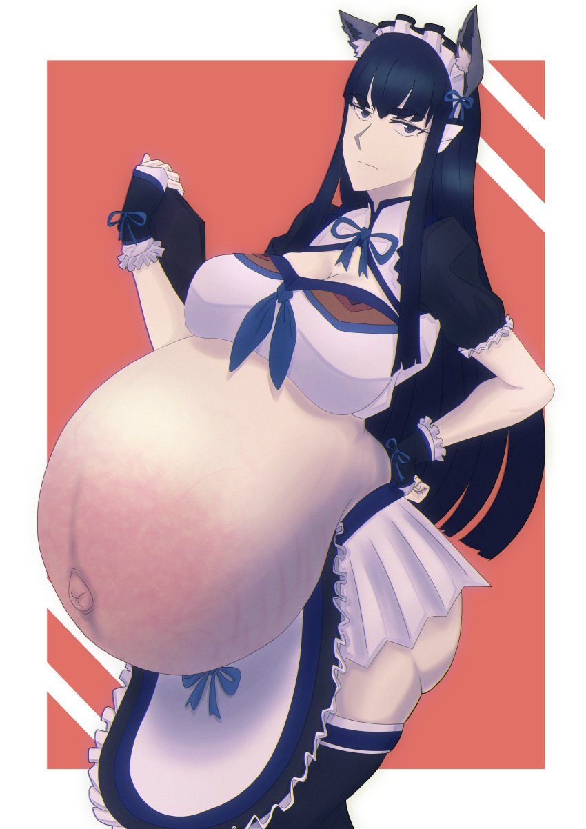 1girls belly big_belly big_breasts black_hair breasts cat_ears clone66 female kill_la_kill kiryuuin_satsuki linea_nigra maid maid_headdress maid_uniform outie outie_navel pregnant stretch_marks torpedo_belly