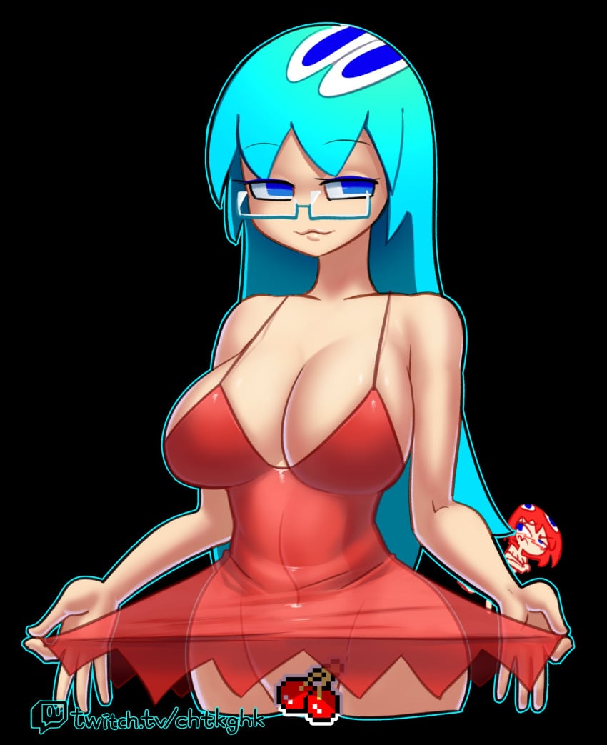 2022 2girls 4_eyes :3 absurd_res bare_arms bare_shoulders black_background blinky_(pac-man) blue_eyes blue_hair breasts cherry chibi cleavage cosplay covering covering_breasts dress dress_lift eyebrows_visible_through_hair female female_only glasses half-closed_eyes highres inky_(pac-man) large_breasts lifted_by_self long_hair looking_at_another minus8 multiple_girls navel no_panties nude pac-man_(series) pac-man_ghost_dance_(minus8) red_dress red_hair seductive see-through see-through_clothing semi-rimless_eyewear short_hair simple_background sleeveless sleeveless_dress smile solo_focus spaghetti_strap thighs url very_long_hair watermark wide_hips