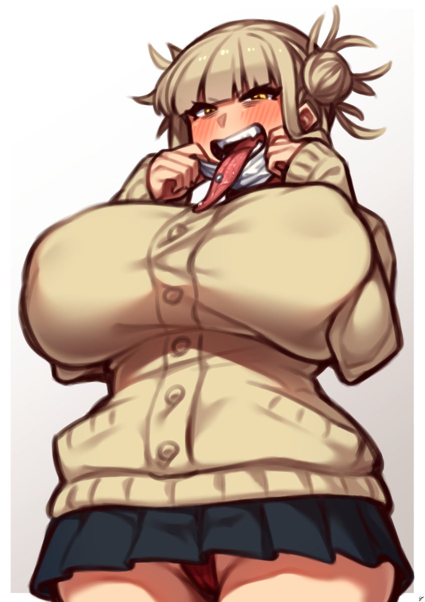 1girls alternate_breast_size big_breasts blonde_hair breasts cameltoe coffeelove68 double_bun face_mask female female_only fully_clothed himiko_toga huge_breasts light_skin long_tongue my_hero_academia panties saliva skirt solo solo_female thick_thighs thighs tongue_out tongue_piercing yellow_eyes