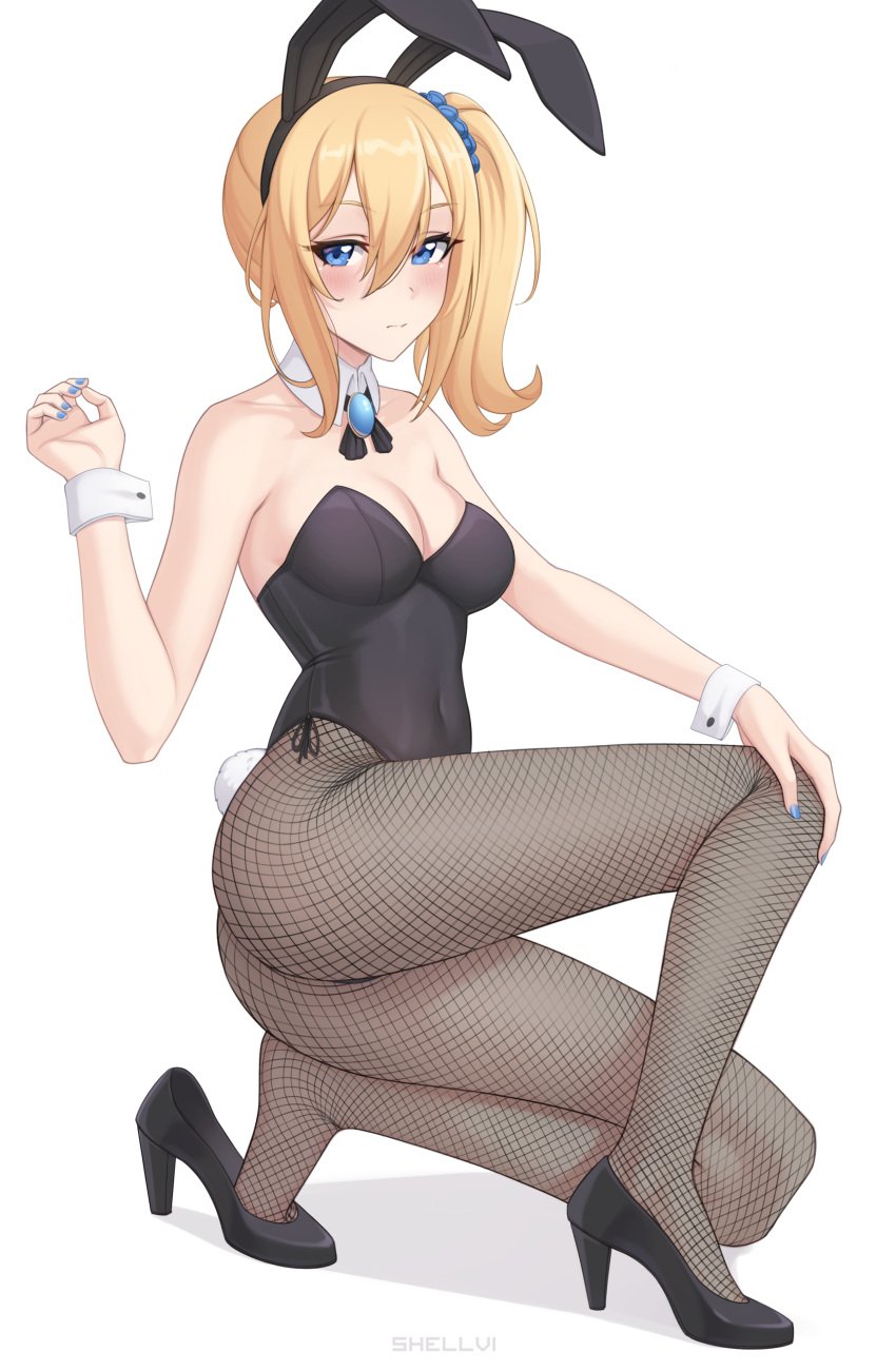 1girls ass blonde_hair blue_eyes blush breasts bunny_ears bunny_girl bunnysuit cleavage female female_only hayasaka_ai high_heels highres kaguya-sama_wa_kokurasetai_~tensai-tachi_no_renai_zunousen~ large_breasts light-skinned_female light_skin looking_at_viewer nail_polish pose posing shellvi side_ponytail simple_background solo solo_female white_background