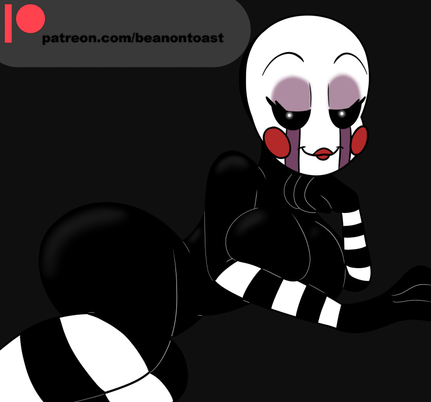 beanontoast big_breasts breast_press breast_squish classic_fnaf_2_marionette classic_fnaf_2_puppet five_nights_at_freddy's five_nights_at_freddy's_2 glowing glowing_eyes looking_at_viewer marionette_(fnaf) mask original_fnaf_2_marionette original_fnaf_2_puppet puppet_(fnaf) red_lips rosy_cheeks smiling stipes thick_thighs