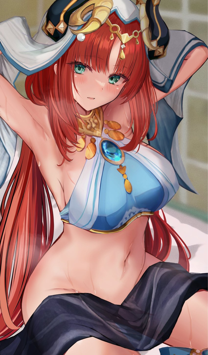 absurdres aqua_eyes armpits arms_behind_head arms_up bangs bare_arms bare_shoulders big_breasts blurry blurry_background blush bottomless breasts brooch circlet commentary_request cowboy_shot crop_top curvy efuri_(riarea00) fake_horns female forehead_jewel genshin_impact gold_trim groin highres horns hourglass_figure huge_breasts jewelry large_breasts long_hair looking_at_viewer low_twintails navel neck_ring nilou_(genshin_impact) no_panties paid_reward_available parted_bangs parted_lips persian_clothing persian_female red_hair see-through sitting sleeveless solo stomach sweat thighs towel twintails veil voluptuous wet