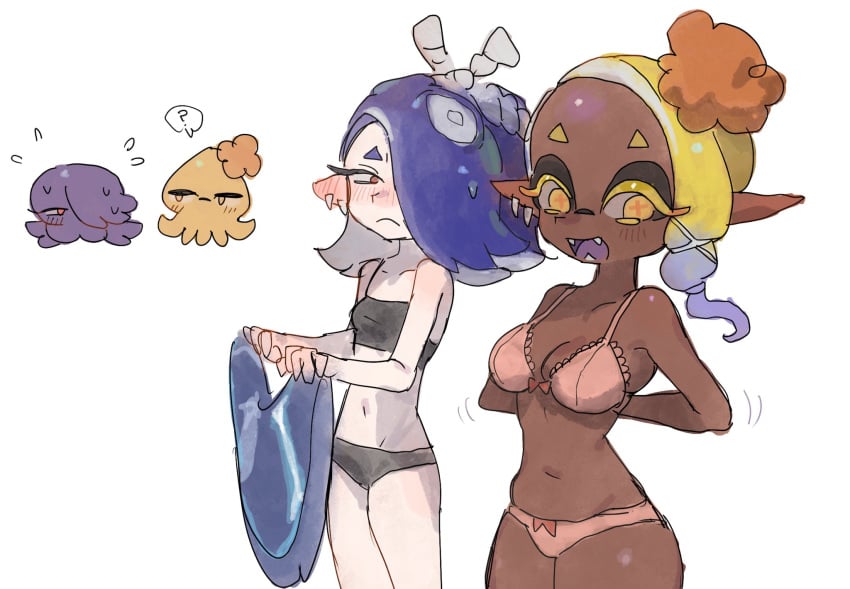 2girls big_breasts bra breast_size_difference chocolate_and_vanilla dark-skinned_female dark_skin frye_(splatoon) getting_dressed implied_lesbian multiple_girls nintendo panties shiver_(splatoon) small_breasts splatoon splatoon_(series) splatoon_3 staring staring_at_another staring_at_breasts usa_go13