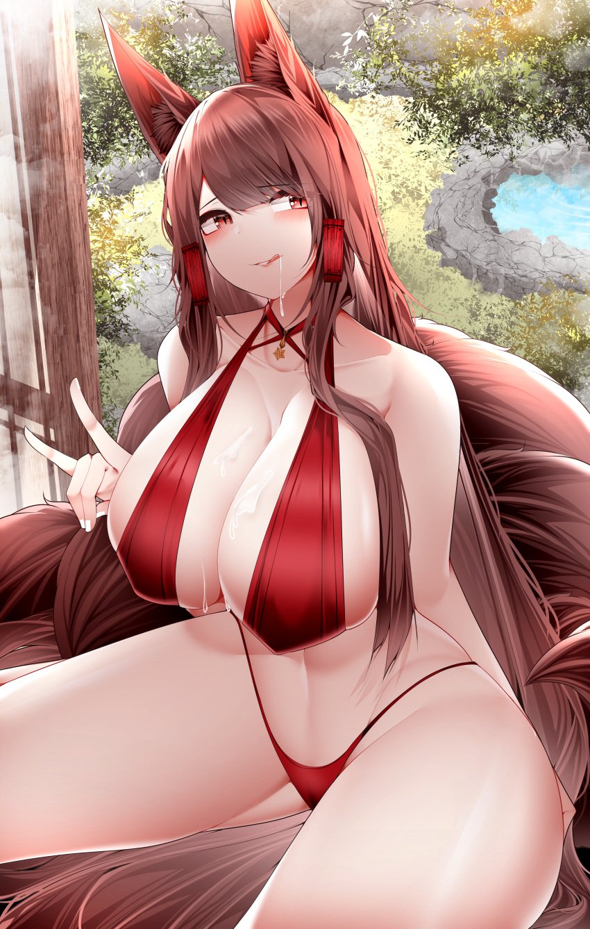 :p absurdres akagi_(azur_lane) animal_ears azur_lane bangs bikini blush breasts brown_hair bush cleavage collarbone cum cum_in_mouth cum_on_body cum_on_breasts female hair_tubes highres large_breasts licking_lips looking_at_viewer navel pond red_bikini rock samip sidelocks sitting solo swimsuit tail thighs tongue tongue_out