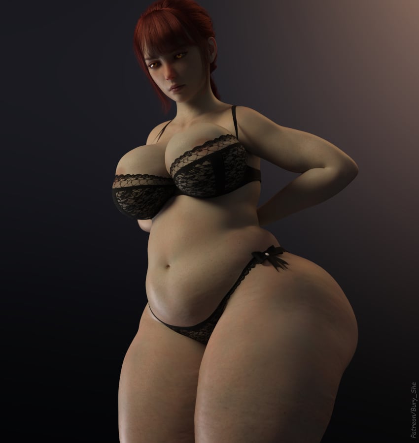 1girls 3d areolae big_breasts bra breasts bury-she chainsaw_man chubby female makima_(chainsaw_man) muffin_top panties red_hair thick_thighs wide_hips