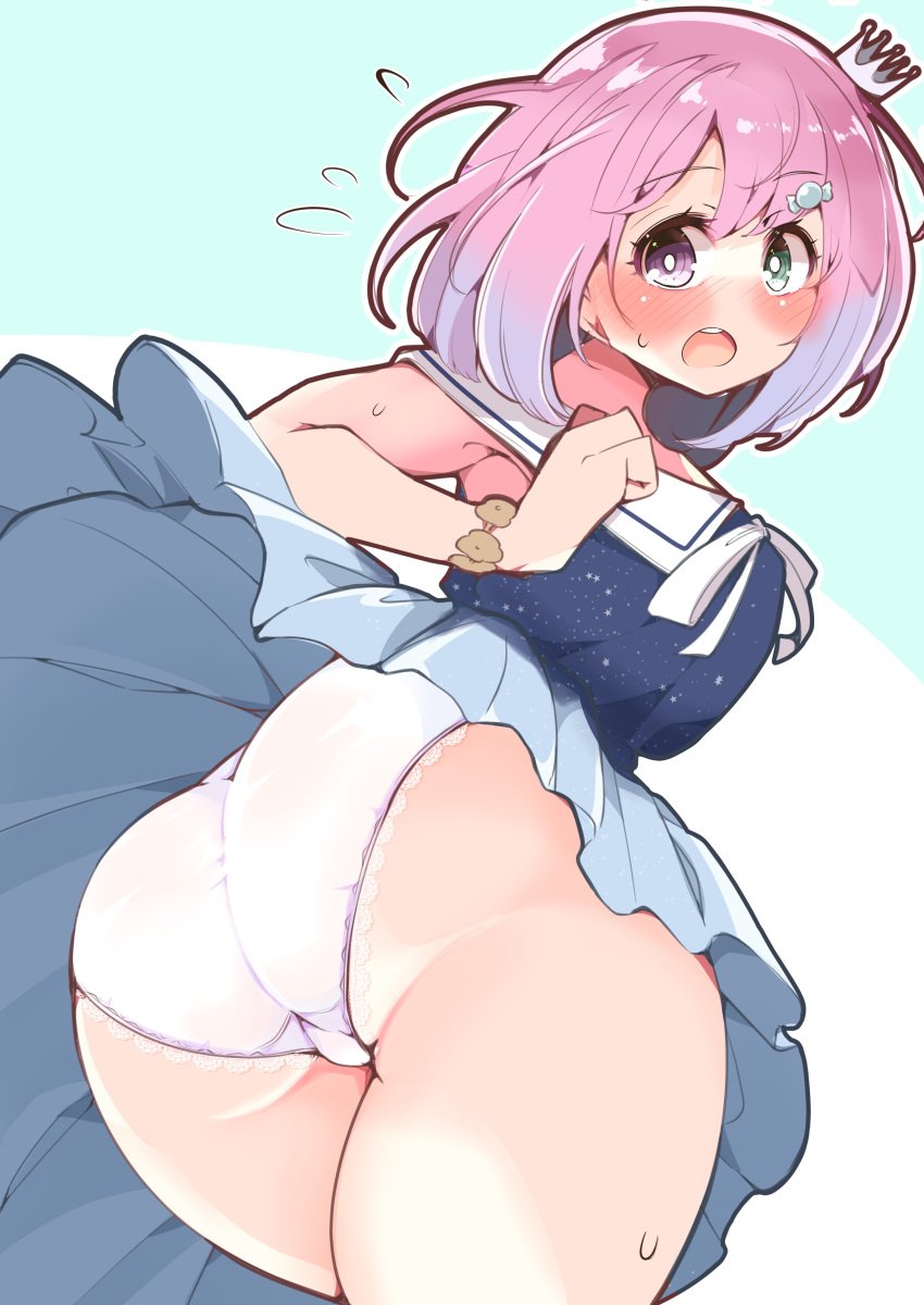 ass big_ass blue_dress blush blushing_profusely bob_cut bob_hair candy_hair_ornament crown dress embarrassed exposed_ass exposed_thighs fat_ass food_themed_hair_ornament gradient_hair green_eyes heterochromia high_resolution highres himemori_luna holoforce hololive hololive_japan light-blue_hair light-skinned_female light_skin looking_from_below no_sex panties pink_eyes pink_hair princess short_hair showing_ass shy silver_crown skirt_lift skirt_up solo streamer surprised surprised_expression surprised_face sweat sweatdrop thick_thighs trefoil uedazirousan virtual_youtuber vtuber white_panties white_skinned_female wind wind_lift young_woman youtuber