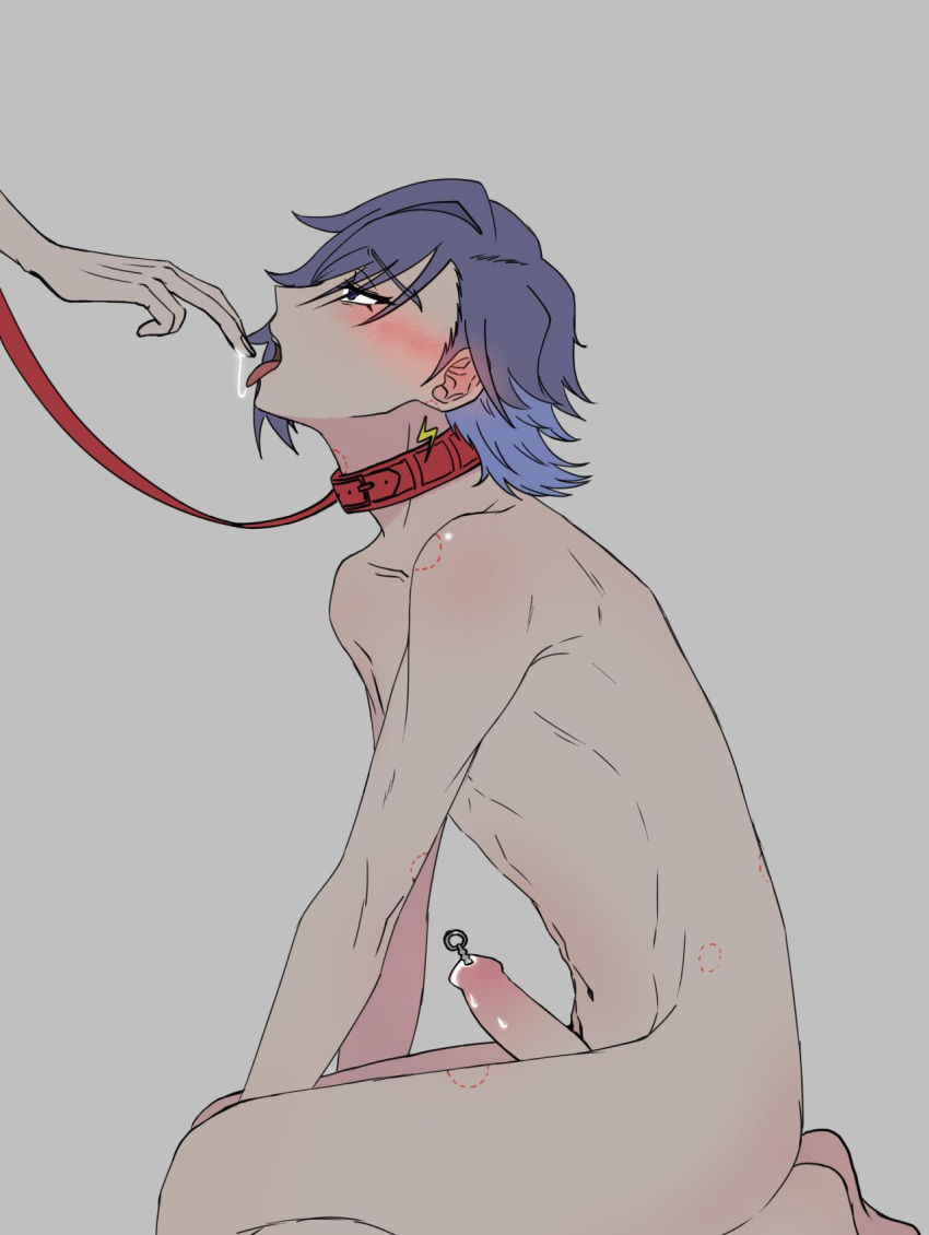 1boy artist_request blue_eyes blue_hair collar nijisanji nijisanji_en penis pierced_penis pretty_boy saliva_trail skinny virtual_youtuber yaoi yugo_asuma