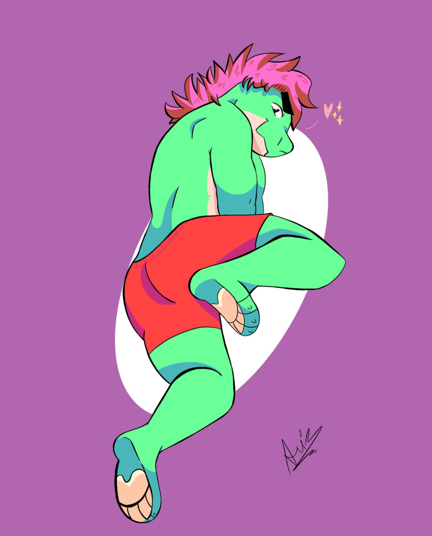 alternate_version_available anthro ass back boxers brawl_stars buzz_(brawl_stars) feet from_behind furry green_body green_skin heart kisaxer! looking_back male male_focus male_only pink_hair red_boxers red_underwear reptile reptile_humanoid scalie scalie_humanoid swimwear tagme thick_eyebrows toes underwear video_games