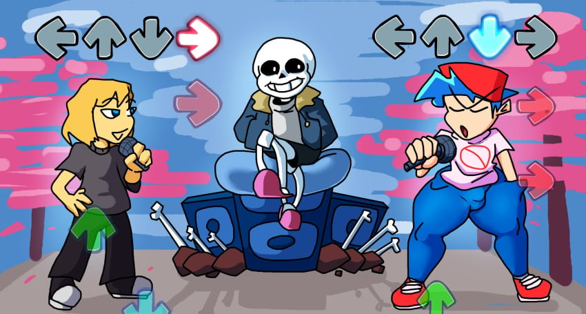 2d 3boys background blonde_hair blue_hair bluuunsfw_(artist) boombox boyfriend_(friday_night_funkin) color commission crossover cyan_hair friday_night_funkin gameplay_mechanics gay original_character sans short_hair singing skeleton thick_thighs undertale undertale_(series)