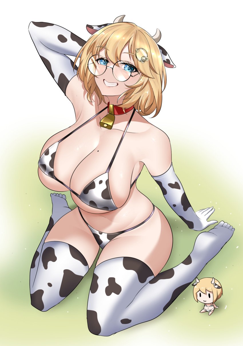 1girls 2022 absurdres alternate_version_at_source alto-kun altronage animal_print arm_behind_head arm_support arm_up armwear bell big_breasts bikini bikini_bottom bikini_top blonde_hair blue_eyes breasts cleavage collar cow_print cow_print_armwear cow_print_bikini cow_print_legwear cowbell curvy elbow_gloves female female_only glasses gloves hair_ornament highres hololive hololive_english hololive_myth large_breasts legwear mole mole_on_breast monocle_hair_ornament navel neck_bell print_bikini print_gloves print_thighhighs red_collar round_glasses short_hair sitting solo solo_female swimsuit thick_thighs thighhighs thighs virtual_youtuber wariza watson_amelia wide_hips