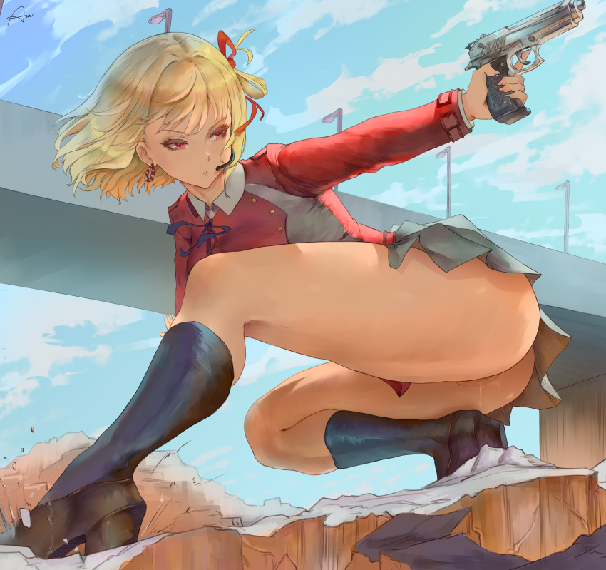 1girls action_pose araneesama ass black_legwear black_socks blonde blonde_hair brown_loafers chisato's_thighs cutesexyrobutts_(style) female gun knee_socks kneehighs kneesocks loafers looking_back lycoris_recoil nishikigi_chisato no_panties outdoors pussy pussy_juice red_eyes school_uniform skirt socks solo solo_female weapon