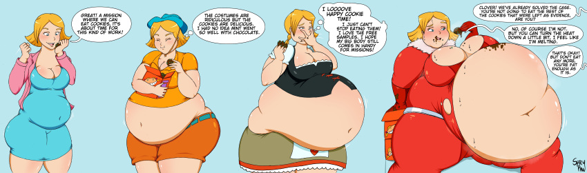 bbw belly big_belly big_breasts blonde_hair bodysuit breasts cleavage clover_(totally_spies) dialogue eating fat food huge_belly large_breasts morbidly_obese obese obese_female overweight passion_patties sequence spicypaw ssbbw text thick_thighs thighs torn_clothes totally_spies weight_gain