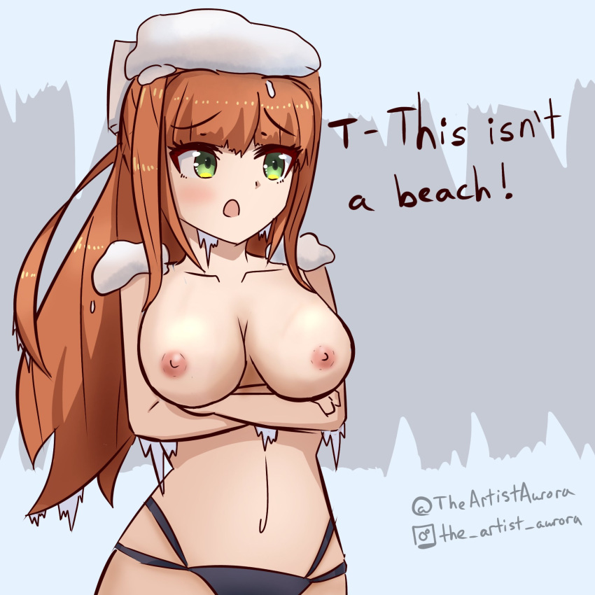 ! 1girls arms_crossed arms_crossed_under_breasts black_text bow brown_hair cold dialogue doki_doki_literature_club female green_eyes monika_(doki_doki_literature_club) open_mouth snow snow_on_head snowy solo swimsuit swimsuit_bottom text theartistaurora topless white_bow winter