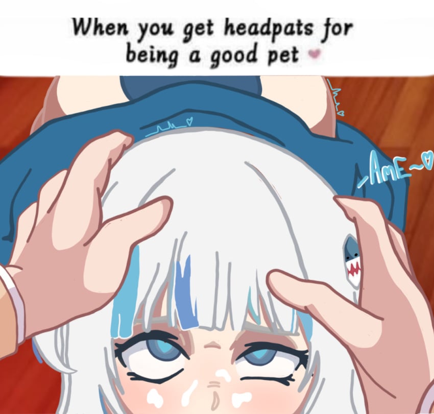 blue_eyes flat_chest gawr_gura headpats hololive hololive_english hololive_myth implied_futanari meme_caption meme_format shark_girl shark_tail twitch.tv virtual_youtuber vtuber