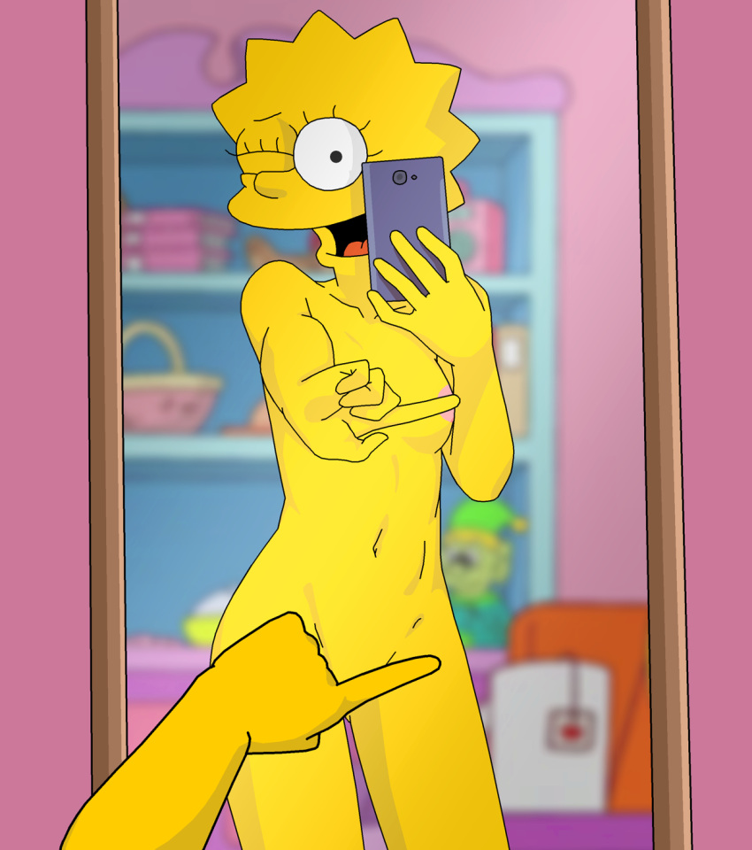 aged_up areola_slip areolae breast_slip breasts cellphone covering evilweazel female high_resolution jewelry lisa_simpson looking_at_mirror looking_at_viewer mirror navel nipples nude one_eye_closed one_finger_selfie_challenge open_mouth pettanko phone self_shot selfie smile spiky_hair standing the_simpsons wardrobe_malfunction wink yellow_body yellow_skin