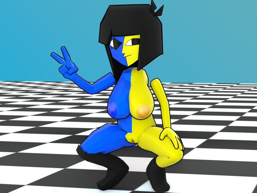 1girls 3d 3d_(artwork) black_hair blender blender_(software) checkered_floor ena female female_only joel_g konatanon large_breasts no_humans outline peace_sign polygons pussy short_hair socks solo solo_female v_sign vagina