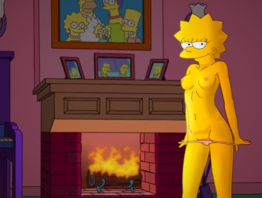 4:3 aged_up areolae breasts clothes_pull clothing evilweazel female fireplace indoors lisa_simpson living_room looking_at_mirror looking_at_viewer mostly_nude navel nipples open_mouth pantsu panty_pull pink_panties smile spiky_hair standing the_simpsons topless underwear underwear_pull undressing yellow_body yellow_skin