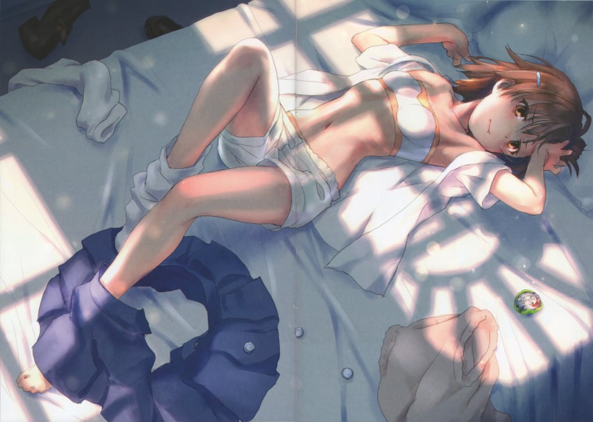 1girls 2020 2020s absurd_res bandeau bare_thighs bed blood bra breasts brown_eyes brown_footwear brown_hair brunette female full_body gekota hair_ornament hairclip hi_res indoors kneehighs large_filesize loafers looking_at_viewer loose_socks lying matching_hair/eyes misaka_mikoto navel night panties panty_peek pillow raika9 sad scan school_uniform schoolgirl shoes shoes_removed short_hair shorts single_sock skirt skirt_removed small_breasts socks socks_removed solo strapless sweater_vest teenage_girl teenager thighs to_aru_kagaku_no_railgun to_aru_majutsu_no_index tokiwadai_school_uniform tube_top underwear white_bra white_panties white_shorts white_socks young