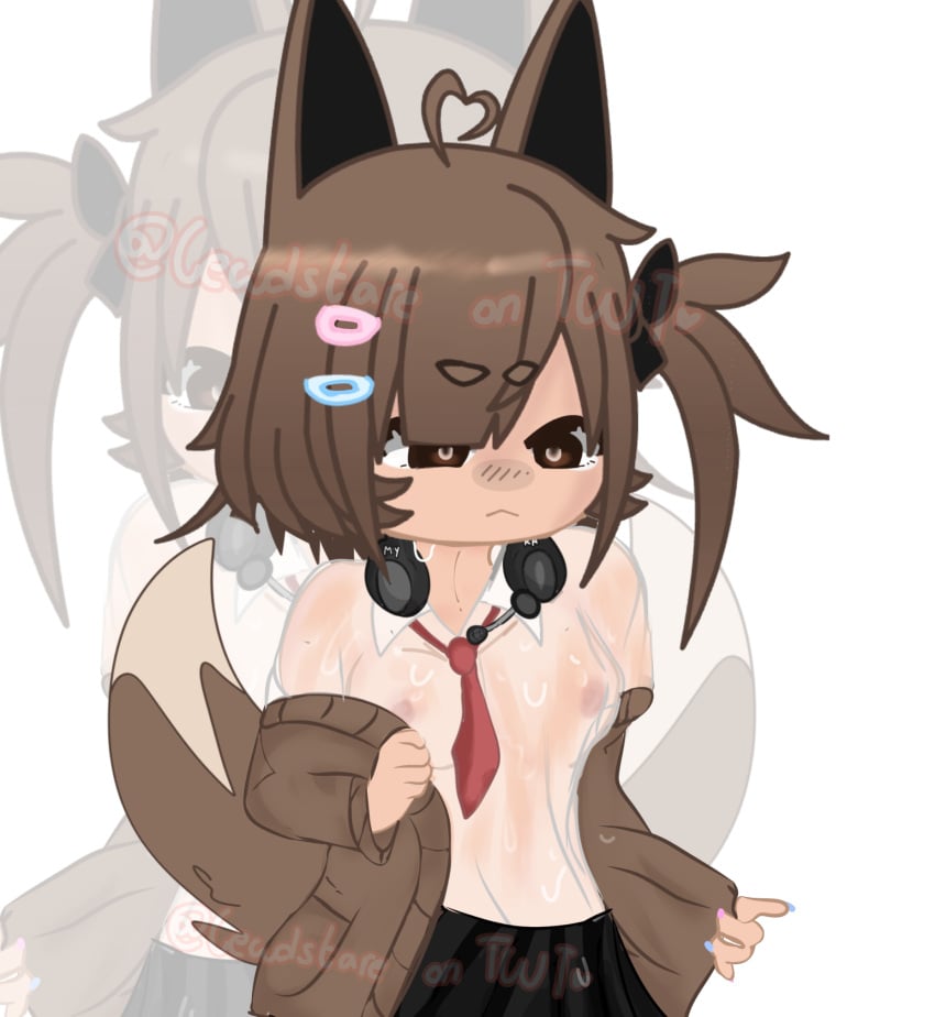 1girls brown_hair fennec_fox fox_ears gacha gacha_life headphone see-through tie wet_clothes