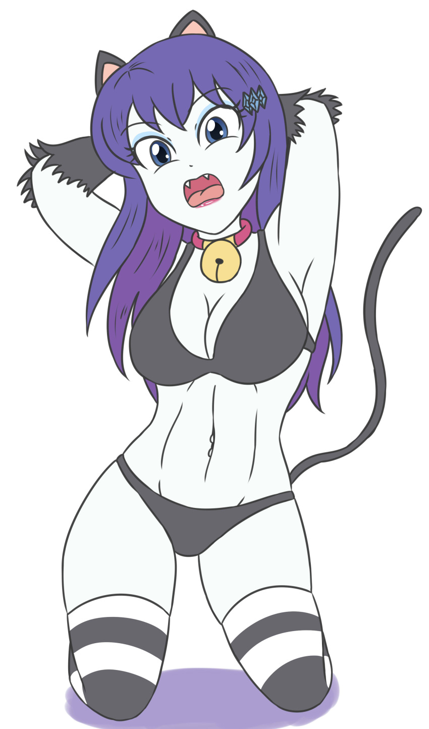 arms_behind_head blue_eyes bra cat_ears cat_gloves cat_tail equestria_girls friendship_is_magic kneeling my_little_pony open_mouth panties pierced_belly_button piercing purple_hair rarity_(eg) stockings straight_hair striped_stockings sumin6301 white_body