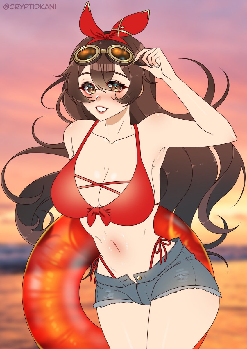 1girls amber_(genshin_impact) bikini bikini_bottom bikini_top breasts brown_eyes brown_hair cleavage cryptid_crab female female_only genshin_impact grin innertube large_breasts long_hair looking_at_viewer ocean outdoors red_bikini red_swimsuit shorts smile solo sunset