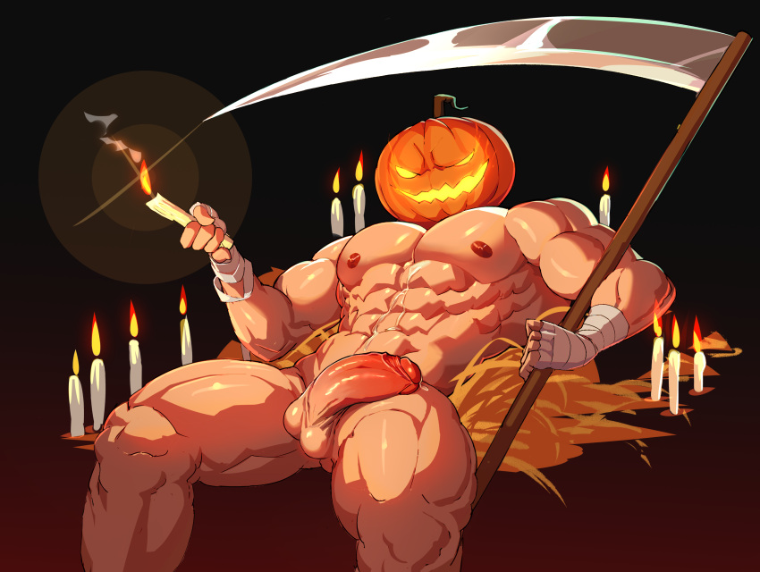 2022 abs absurd_res arm_wraps balls biceps black_background candle cum cum_on_body cum_on_stomach empty_eyes glans glowing_eyes glowing_mouth halloween hay holding_object holding_weapon humanoid humanoid_penis jack-o'-lantern leaking_precum light_skin loincloth looking_at_viewer lying male muscular muscular_humanoid muscular_male muscular_thighs nipples pecs penis pink_glans precum precum_drip precum_on_leg precum_on_penis pumpkin_head retracted_foreskin scythe sedo sedo_(usingincognito) semi-erect solo solo_male usingincognito yellow_eyes yellow_mouth