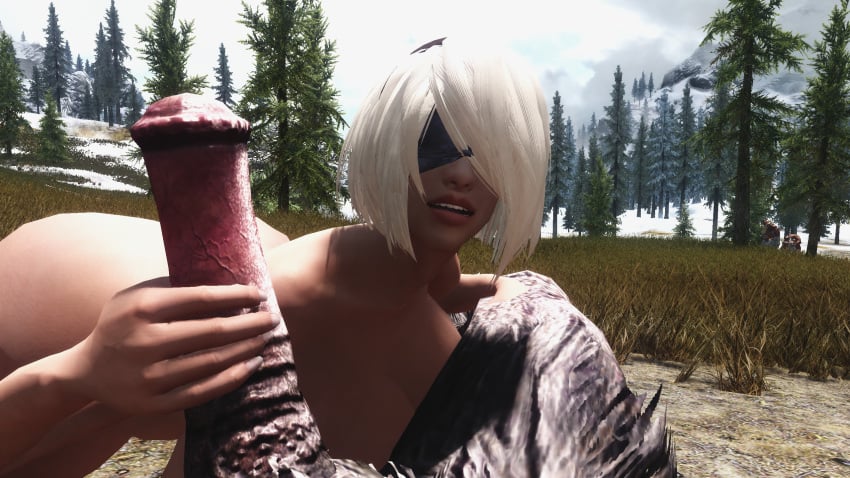 3d bethesda_softworks big_breasts blindfold handjob huge_cock monster nier:_automata skyrim the_elder_scrolls troll troll_(skyrim) white_hair yorha_2b