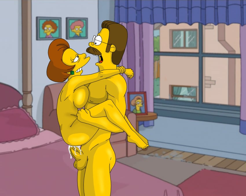 1boy 5:4 ambiguous_penetration bedroom breasts brown_hair cartoon edna_krabappel evilweazel facial_hair female female high_resolution husband_and_wife large_breasts looking_at_another male megane moustache nakadashi ned_flanders nude open_mouth penis semen sex short_hair smile standing standing_sex testicles the_simpsons yellow_skin