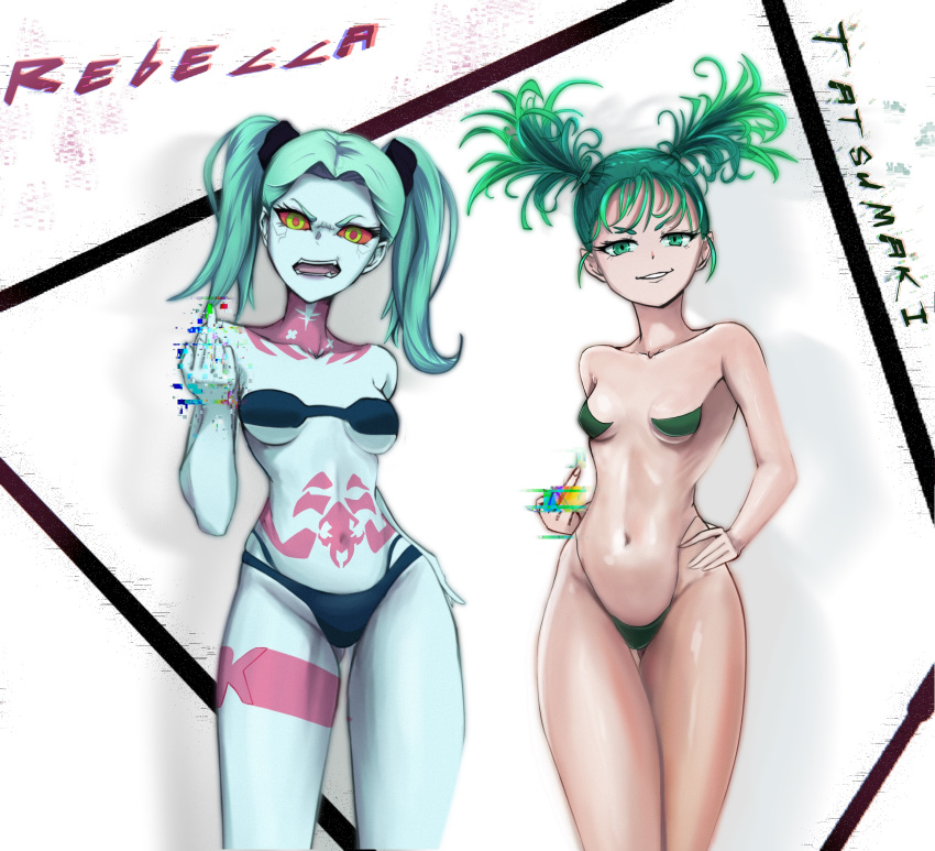 2girls body_markings breasts crossover cybernetics cyberpunk:_edgerunners cyberpunk_2077 cyborg eye_contact female female_only flipping_off green_eyes green_hair hehevich human humanoid light-skinned_female light_skin looking_at_viewer micro_bikini middle_finger one-punch_man rebecca_(edgerunners) red_sclera small_breasts smaller_female tatsumaki thighs twintails