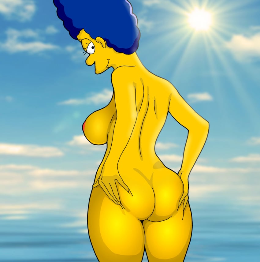 1girls ass ass_grab bedroom_eyes blue_hair breasts butt evilweazel female female_only grabbing_own_ass groping half-closed_eyes high_resolution large_breasts looking_at_viewer looking_back marge_simpson mature milf nipples nude rear_view smile solo standing the_simpsons yellow_skin