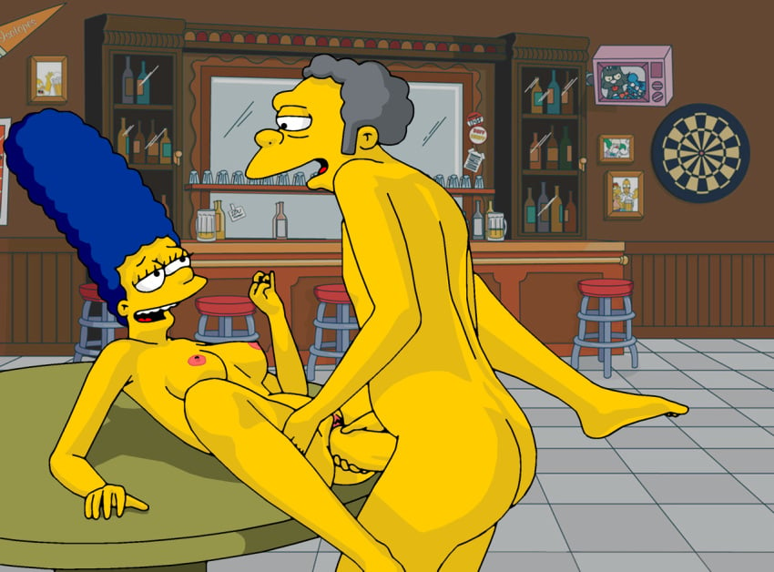 1boy 1girls blue_hair breasts cheating cheating_wife evilweazel female grey_hair guiding half-closed_eyes holding_penis imminent_sex large_breasts looking_at_another looking_at_partner looking_down lying lying_on_table male marge_simpson mature milf moe_szyslak netorare nipples ntr nude on_back on_table open_mouth sex the_simpsons vagina vaginal_penetration yellow_skin