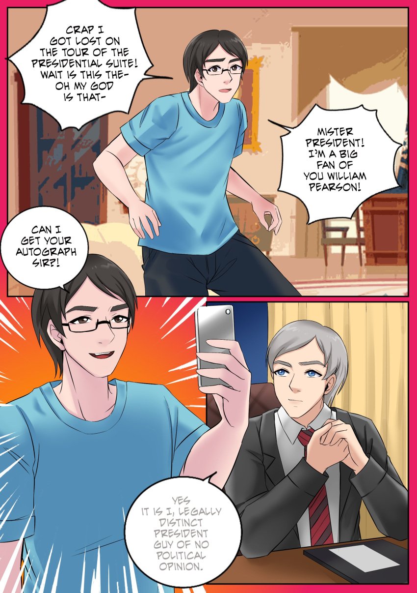 2boys blue_eyes cellphone color comic comic_page dark_hair english_text gender_transformation glasses male_to_female meowwithme(artist) mtf_transformation original original_character politics rule_63 suit text text_bubble transformation white_skin