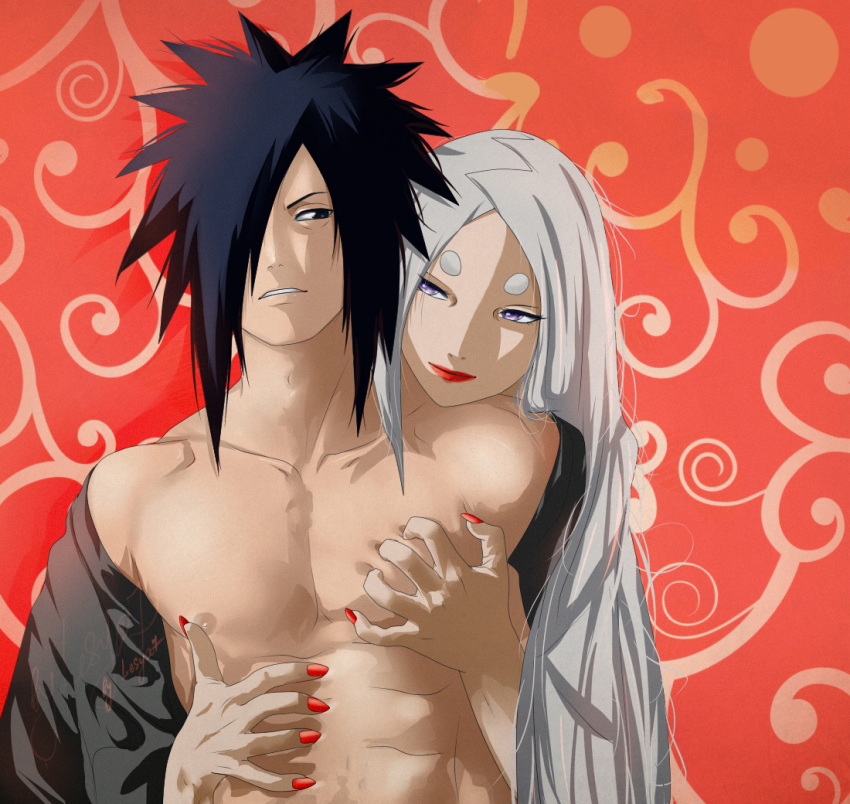 1boy 1boy1girl 1girls black_eyes female gilf goddess grabbing grabbing_from_behind hair_over_one_eye lesya7 male male/female mature mature_female milf nail_polish naruto naruto_(series) naruto_shippuden nipple_play nipples otsutsuki_kaguya pecs purple_eyes uchiha_madara upper_body white_hair