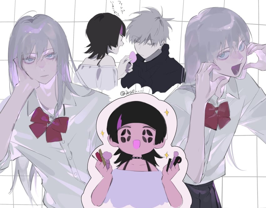 +_+ 1boy 1girls bishonen black_hair blue_eyes closed_eyes crossdressing highres hoshi_kirara jujutsu_kaisen long_hair long_haired_male looking_at_viewer makeover makeup open_mouth purple_hair satoru_gojo school_uniform trap twink white_hair