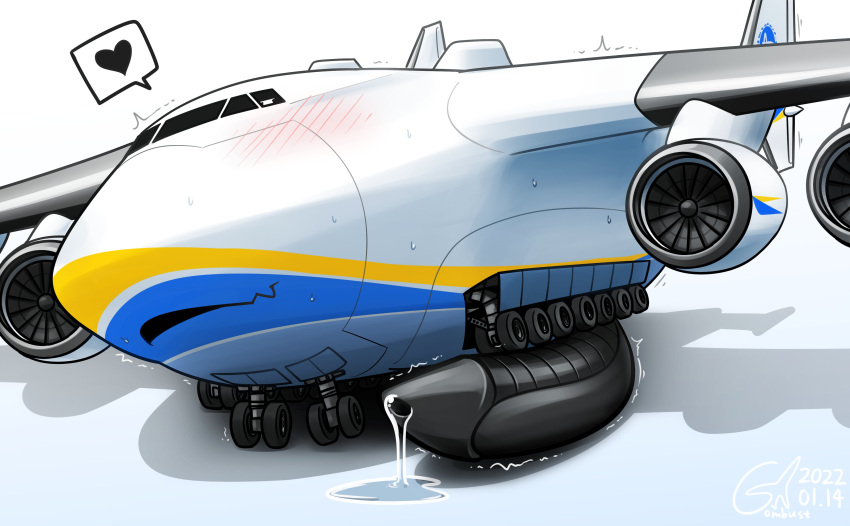 2022 absurd_res aircraft airplane an-225 animate_inanimate antonov_an-225_mriya big_penis blush bodily_fluids dire_aircraft dire_machine dire_vehicle dripping erection feral genital_fluids genitals heart hi_res huge_cock ivxair3p leaking_precum living_aircraft living_machine living_vehicle looking_pleasured machine male not_furry penile penis precum precum_drip precum_on_ground precum_string presenting presenting_penis shadow signature simple_background solo sweat vehicle