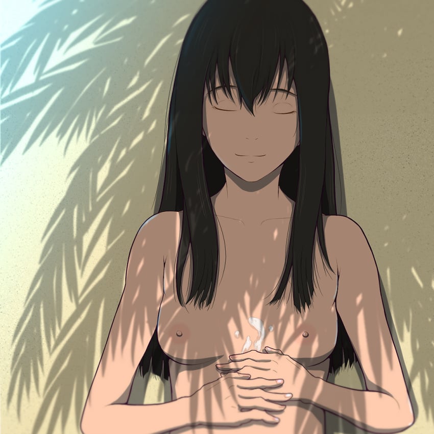 beach black_hair breasts closed_eyes cum_on_breasts long_hair medium_breasts mizuho_(sonny_boy) nipples showing_breasts sleeping smile sonny_boy tetsuyamk2