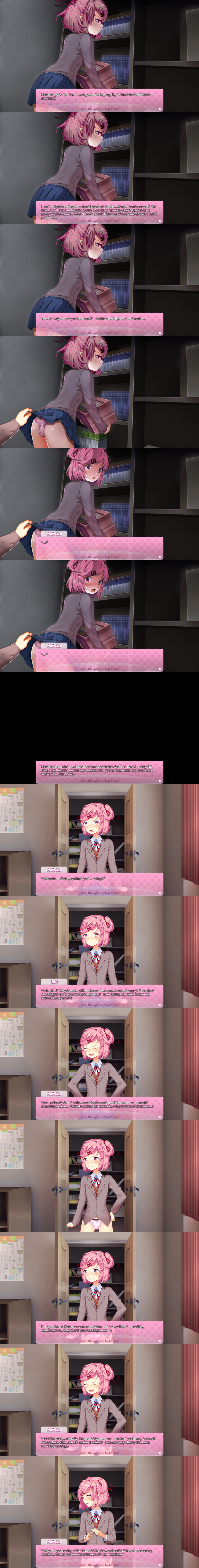 2boys blue_skirt blush book books bookshelf bookshelves box bulge closed_eyes ddlc_text_box dialogue dialogue_box doki_doki_literature_club english_text femboy flustered girly hand_on_hip hands_on_hips holding_box huge_bulge lifted_skirt looking_at_viewer looking_to_the_side male male_only mc_(doki_doki_literature_club!) mini_comic natsuki_(doki_doki_literature_club) no_skirt oerba_yun_fang open_mouth panel panels panties pink_eyes pink_hair pink_panties pout pouting reitanna-seishin rule_63 school_uniform skirt skirt_lift skirt_lifted_by_self smile smiling smiling_at_viewer smug suprised suprised_look sweat sweatdrop sweating text text_box trap trapsuki uniform_sex