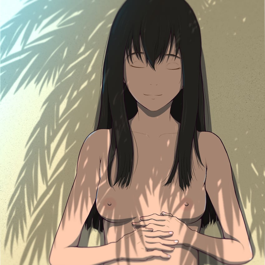 beach black_hair breasts closed_eyes long_hair medium_breasts mizuho_(sonny_boy) nipples showing_breasts sleeping smile sonny_boy tetsuyamk2