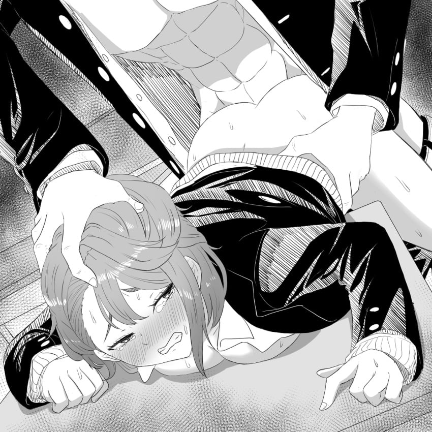 1boy 1girls abs black_and_white blush breasts_out clothed_sex crying crying_with_eyes_open dandadan doggy_style face_down_ass_up faceless_male first_porn_of_character greyscale hard_sex head_grab holding_head holding_waist jacket kiral_kuota monochrome on_four_legs pinned_down rape restrained sex sex_from_behind shiratori_aira_(dandadan) showing_ass teenage_girl teenager without_pants