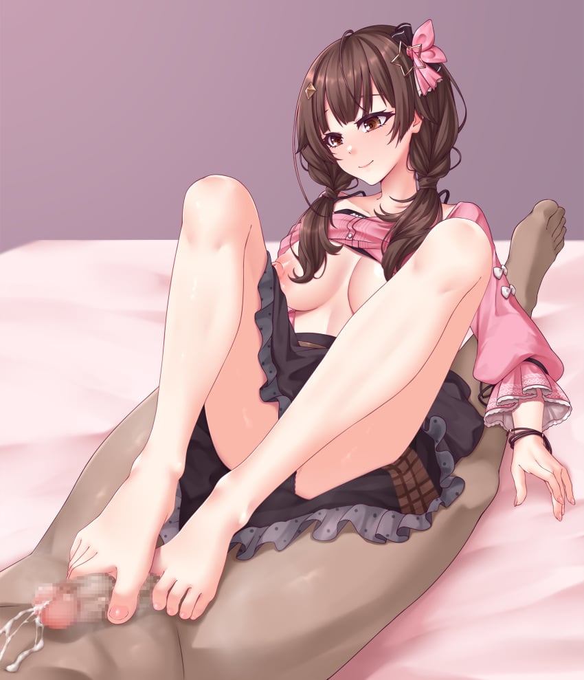 1boy barefoot bracelet breasts brown_eyes brown_hair cum dark-skinned_male diamond_hair_ornament feet female foot_fetish footjob frilled_cuffs frills hair_flaps hair_ornament hair_ribbon hairclip highres hololive hololive_gen_0 hololive_japan jewelry legs nipples no_bra panties penis pink_shirt red_ribbon ribbon shirt skrit smile star_(symbol) star_hair_ornament toes tokino_sora twintails underwear virtual_youtuber zellam