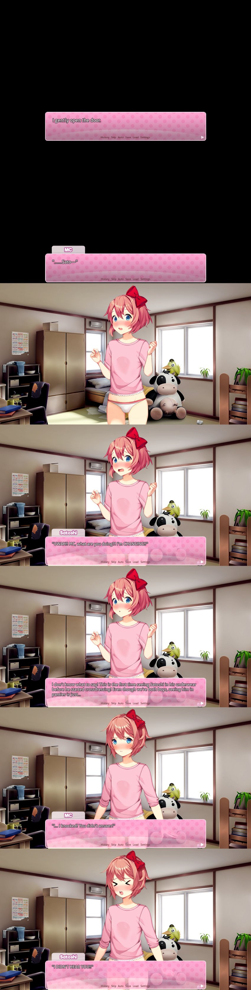 >_< >o< 1boy :0 accurate_art_style arms_up bed bedroom blue_eyes blush bow bulge cow_plush crossdressing crossdressing_male ddlc_text_box dialogue dialogue_box doki_doki_literature_club embarrassed femboy genderswap_(ftm) looking_at_viewer mc_(doki_doki_literature_club!) mr.cow open_mouth panties pink_shirt plush plushie red_bow reitanna-seishin rule_63 sayori_(doki_doki_literature_club) shirt sprite sprite_art sprite_edit stern stern_expression text text_box trap